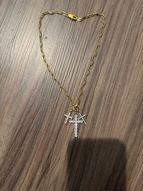 Gold-Tone Chain Necklace with Dual Crystal Cross Pendants